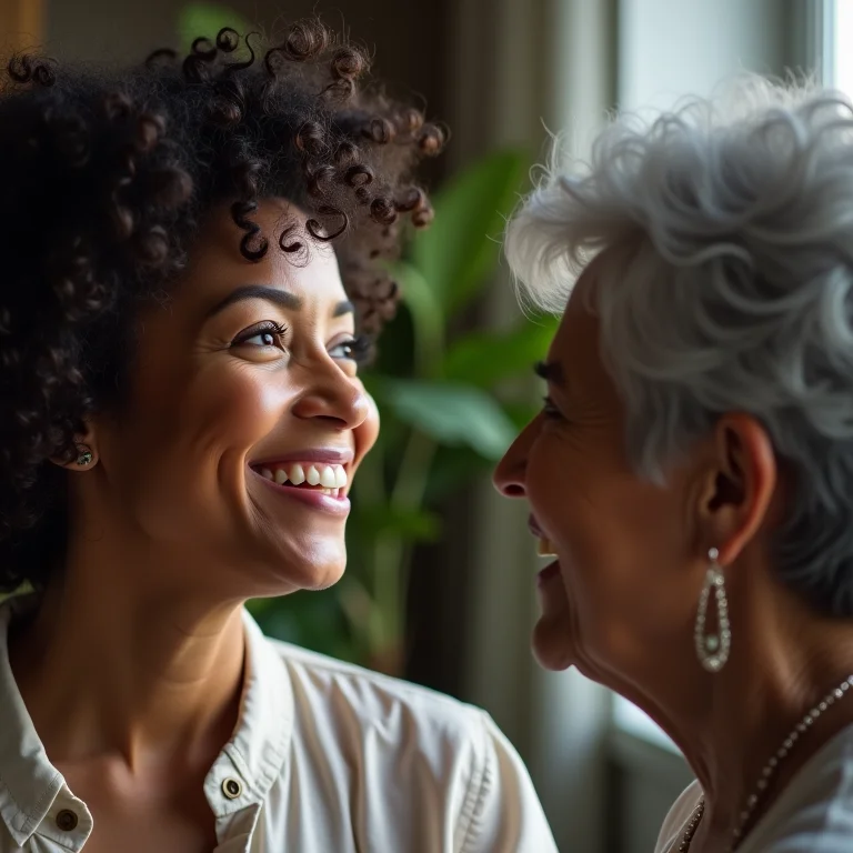 Mulher ouve atentamente senhora mais velha.