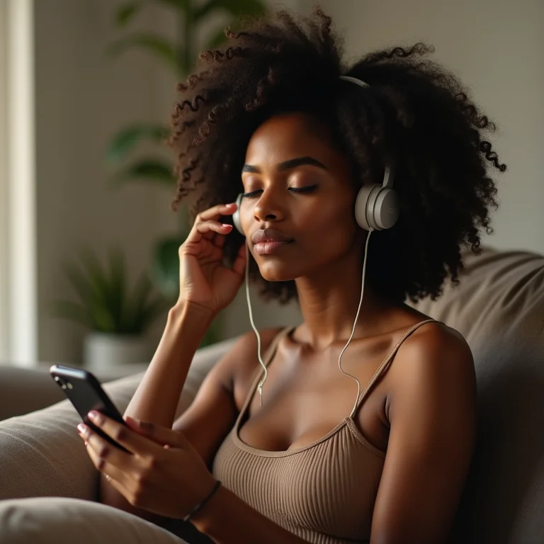 Mulher ouvindo meditação guiada para iniciantes com fones de ouvido.