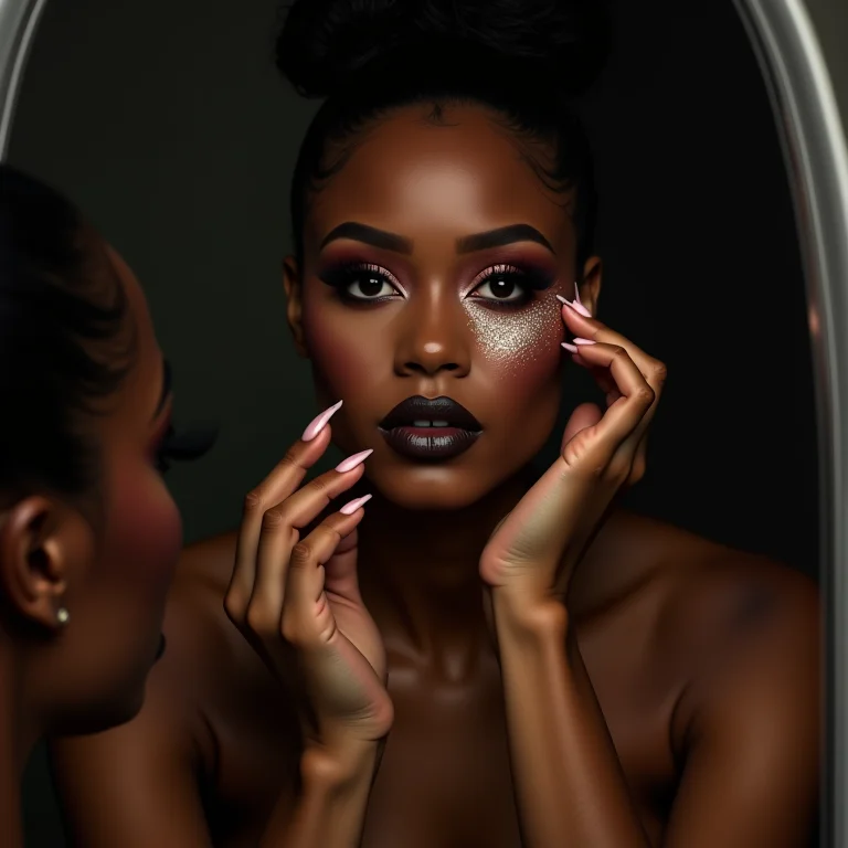 Mulher parda aplicando maquiagem de Halloween em frente ao espelho