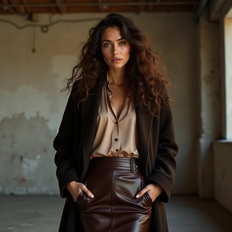 Mulher parda com cabelo ondulado vestindo um mix de texturas em um loft.