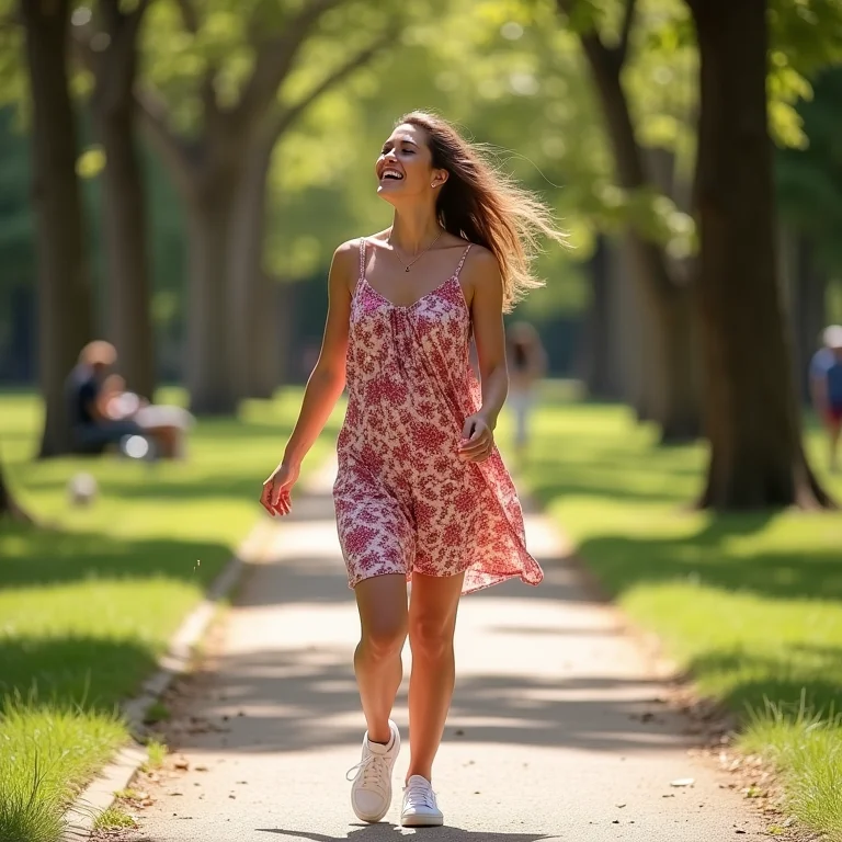 Mulher parda com vestido de verão e tênis rindo em um parque ensolarado