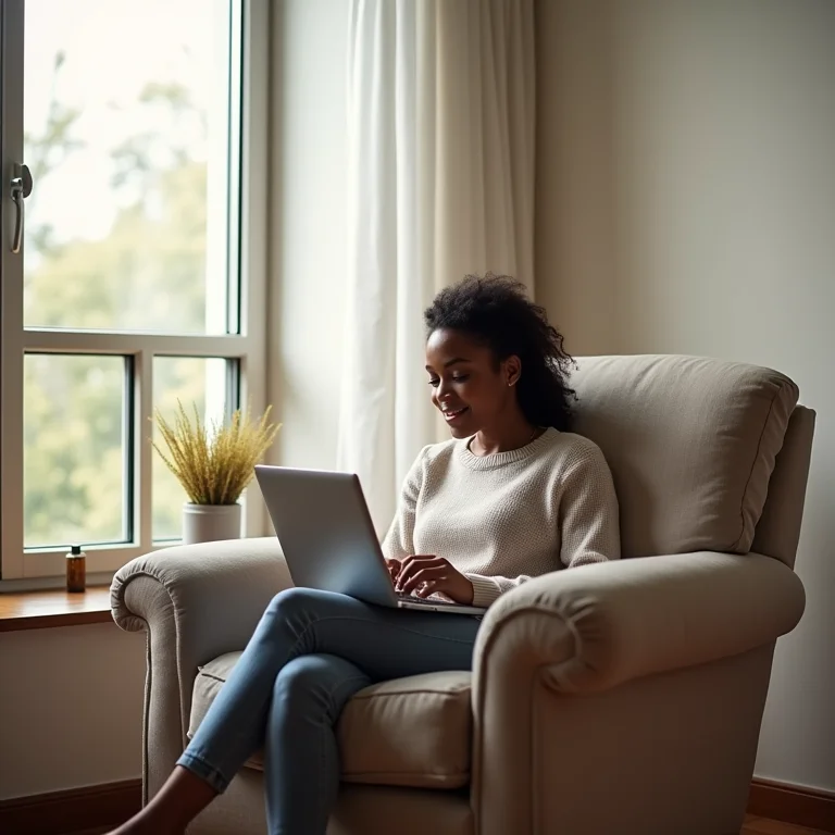 Mulher parda fazendo terapia online em poltrona confortável