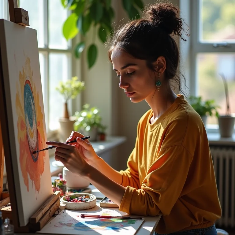 Mulher pintando em um estúdio de arte, representando a busca por atividades prazerosas.