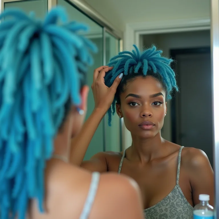 Mulher pintando o cabelo de azul em casa