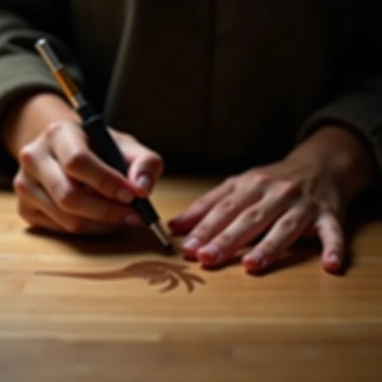 Mulher pirografando madeira, criando sombreado.