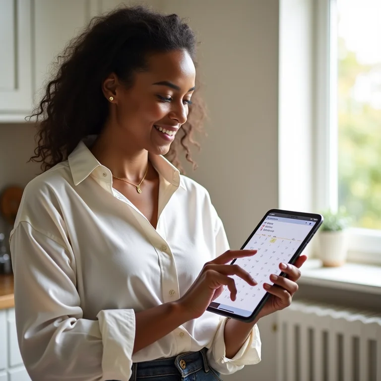 Mulher planejando sua semana em um tablet, representando a flexibilidade de horários da consultoria online
