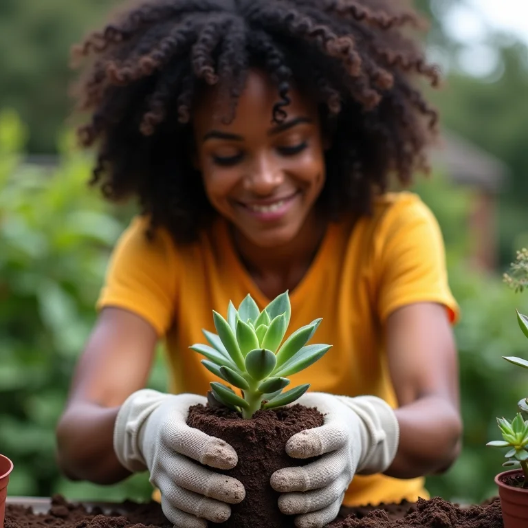 Mulher plantando suculenta em vaso.