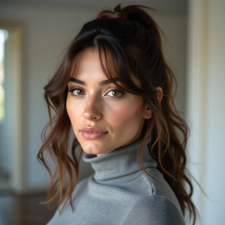 Mulher plus size morena com rabo de cavalo e gola alta cinza