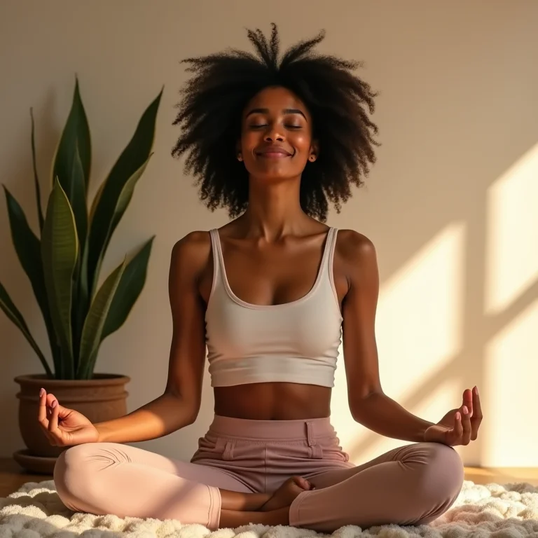 Mulher praticando autocuidado e meditação, promovendo a saúde mental.