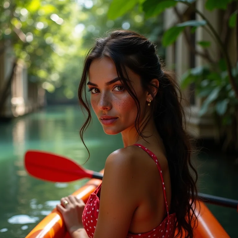 Mulher praticando caiaque em Paraty com arquitetura colonial ao fundo