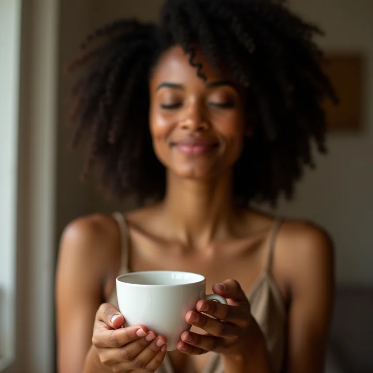 Mulher praticando mindfulness tomando chá