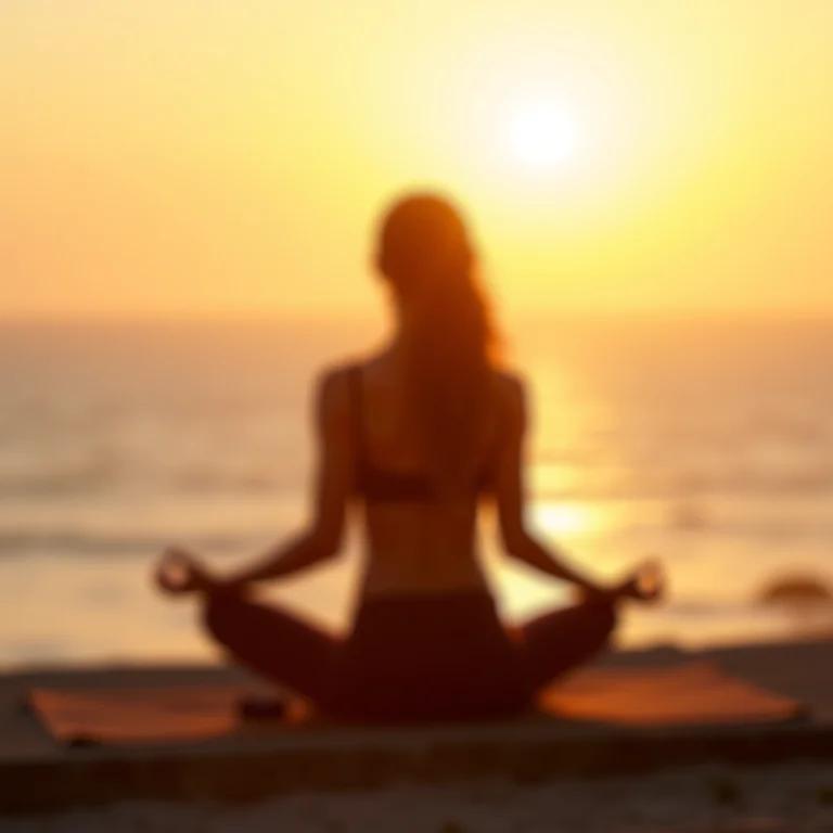 Mulher praticando yoga ao pôr do sol, representando a transformação de Libra