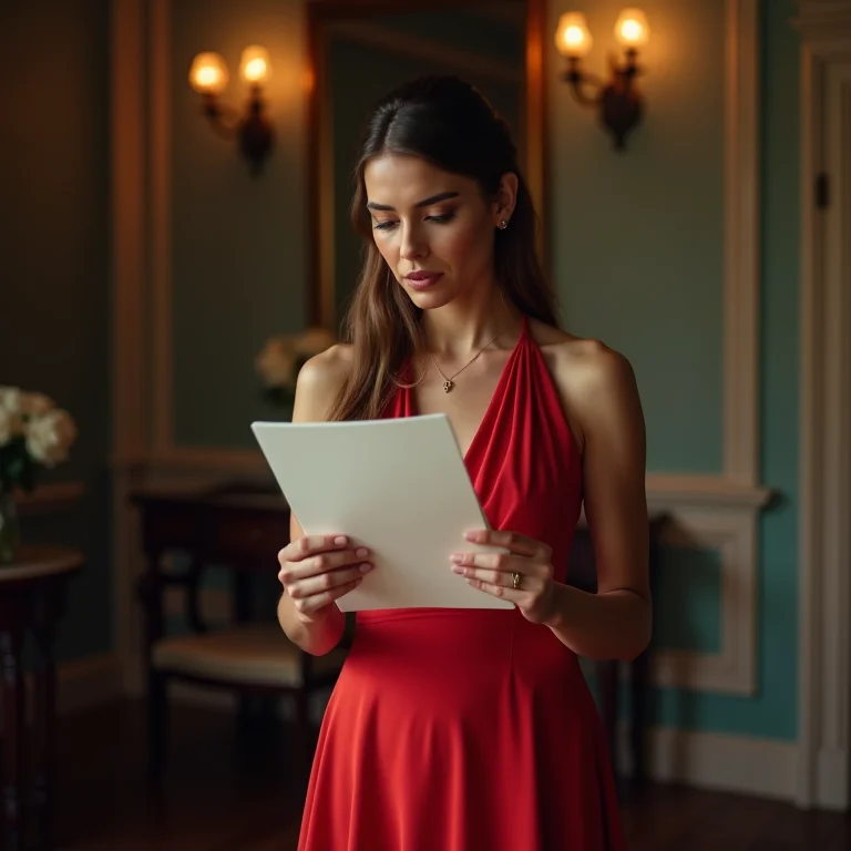 Mulher preocupada lendo um convite para festa formal