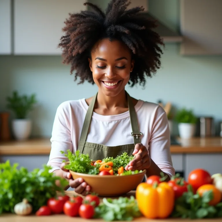 Mulher preparando salada colorida com ingredientes frescos