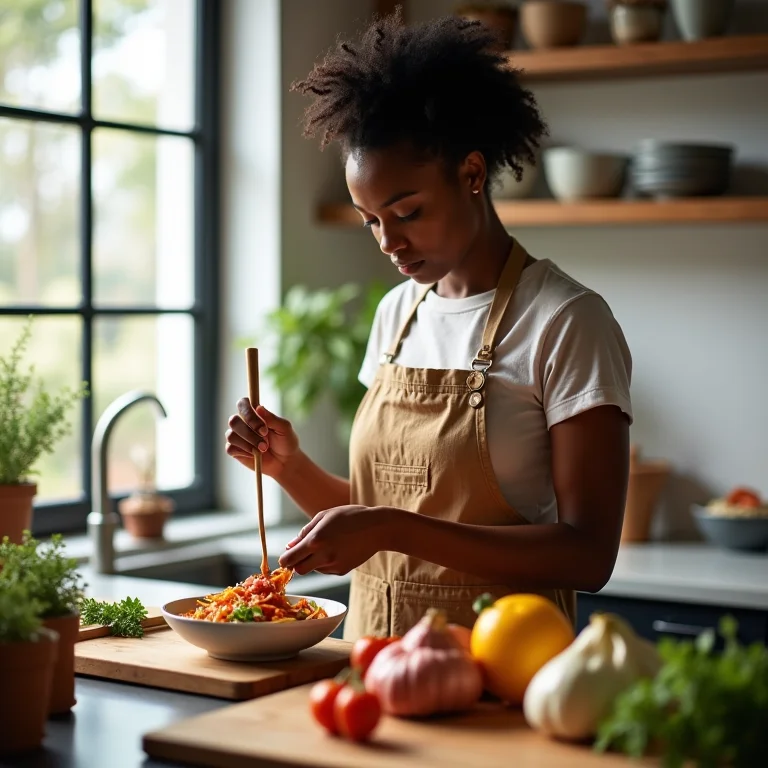 Mulher preparando uma refeição rica em proteínas