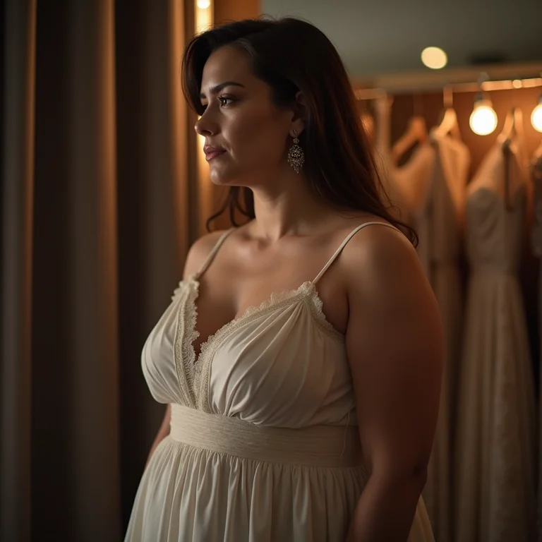 Mulher provando vestido que não valoriza seu corpo