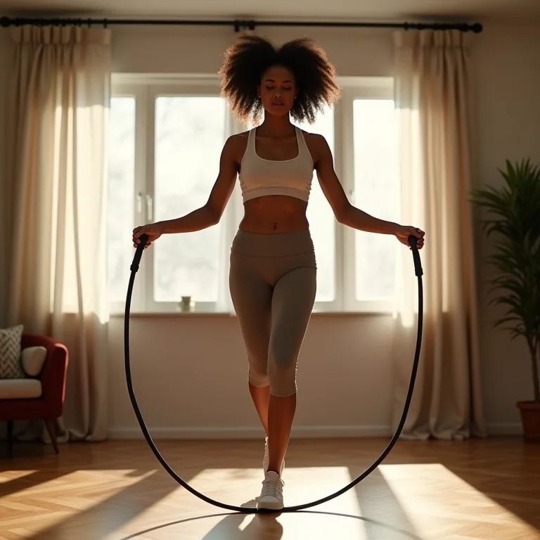 Mulher pulando corda em casa.