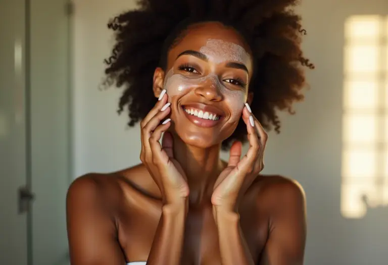 Mulher radiante aplicando esfoliante caseiro no rosto