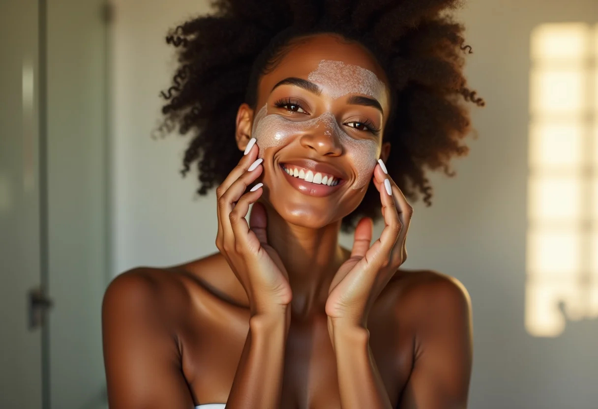 Mulher radiante aplicando esfoliante caseiro no rosto