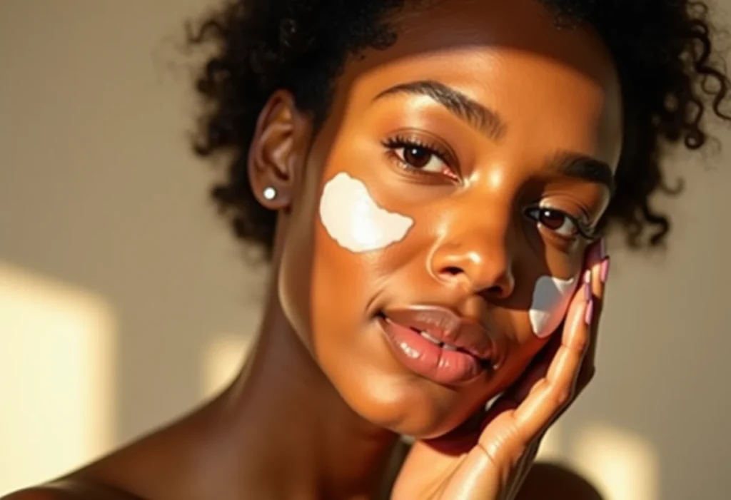 Mulher radiante aplicando hidratante facial