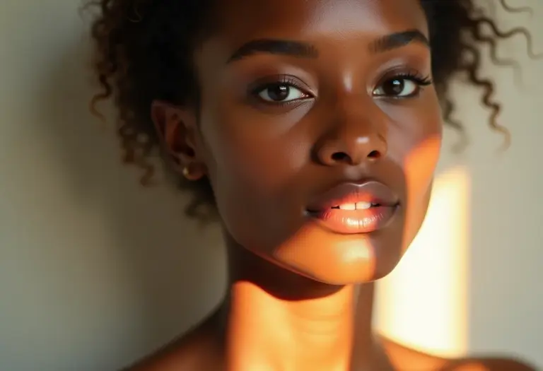 Mulher radiante com pele natural e maquiagem leve.