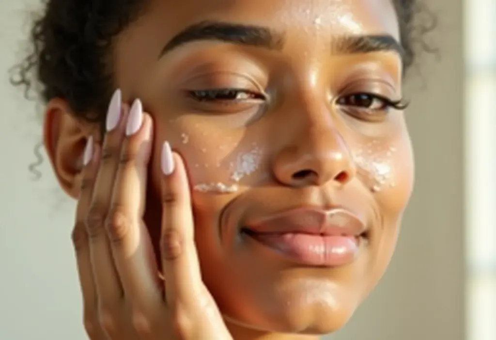 Mulher radiante massageando óleo de limpeza no rosto.