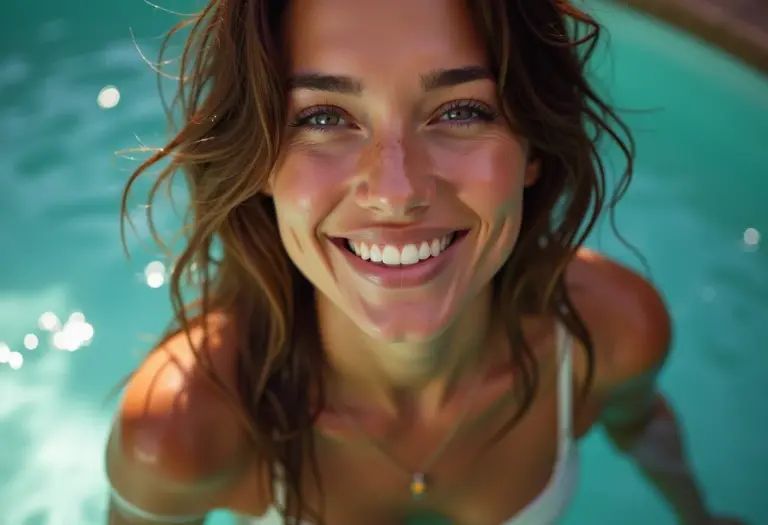 Mulher radiante saindo da piscina com cabelo ondulado e pele natural.