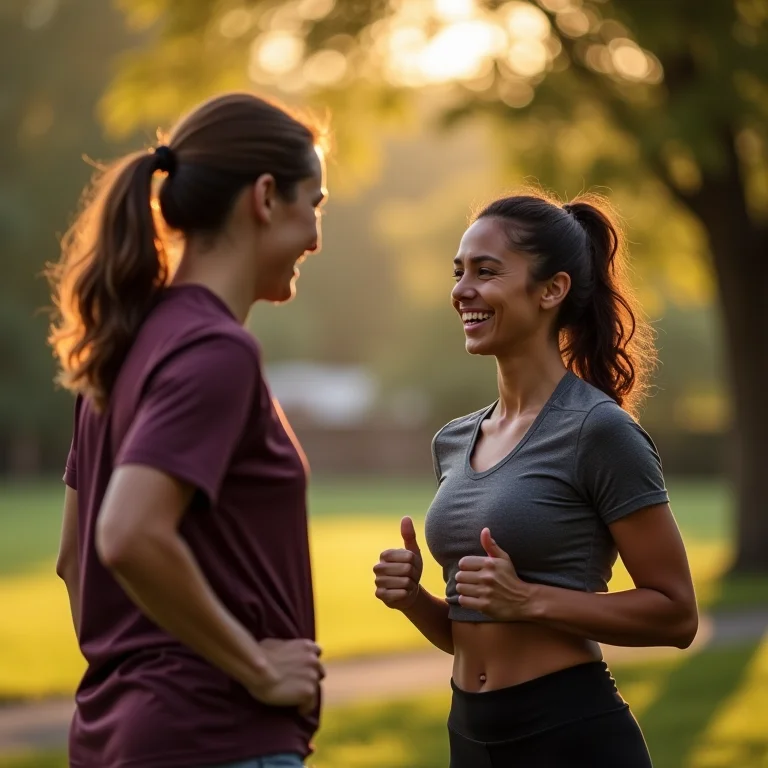 Mulher recebendo orientação de um treinador de corrida em um parque