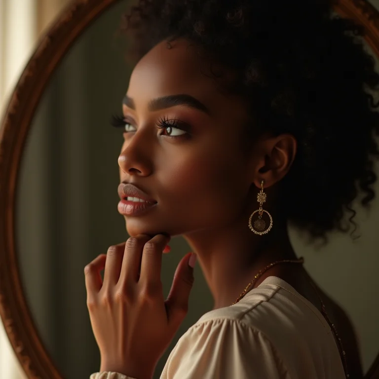 Mulher refletindo sobre sua identidade em frente ao espelho