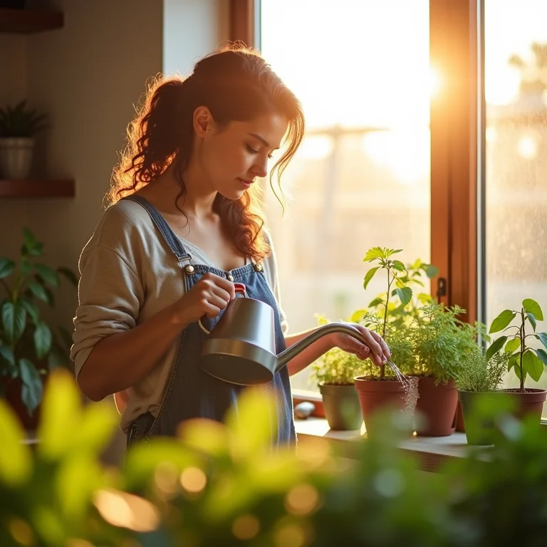 Mulher regando sua horta em apartamento com cuidado.