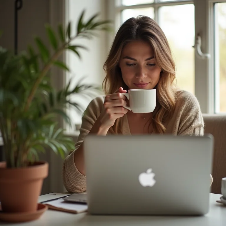 Mulher relaxada usando laptop em ambiente confortável, representando acessibilidade da consultoria online