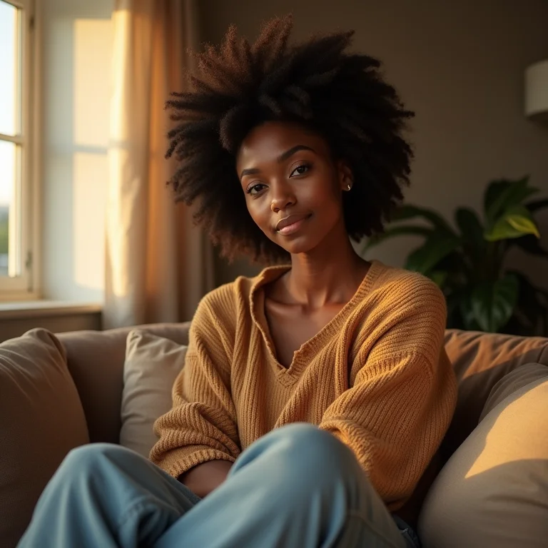 Mulher relaxada vestindo roupas confortáveis e estilosas.