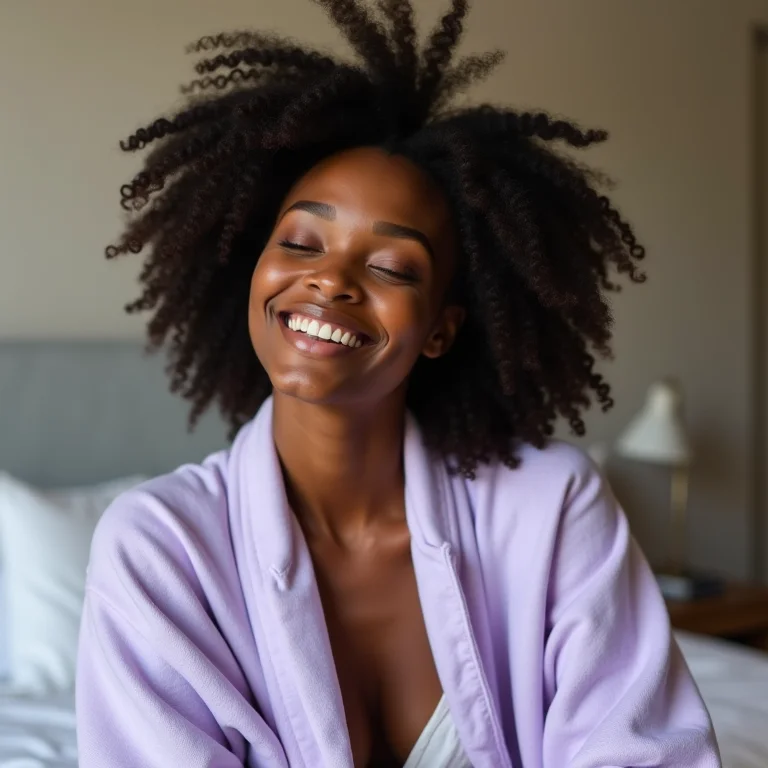 Mulher relaxando em roupão de linho lilás lavanda.