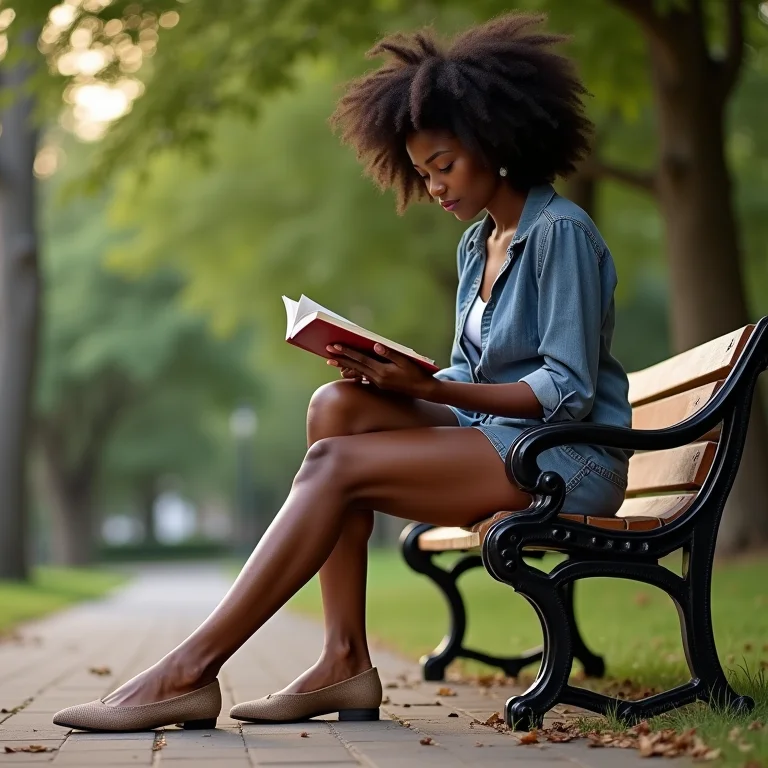 Mulher relaxando em um parque usando sapatilhas confortáveis.