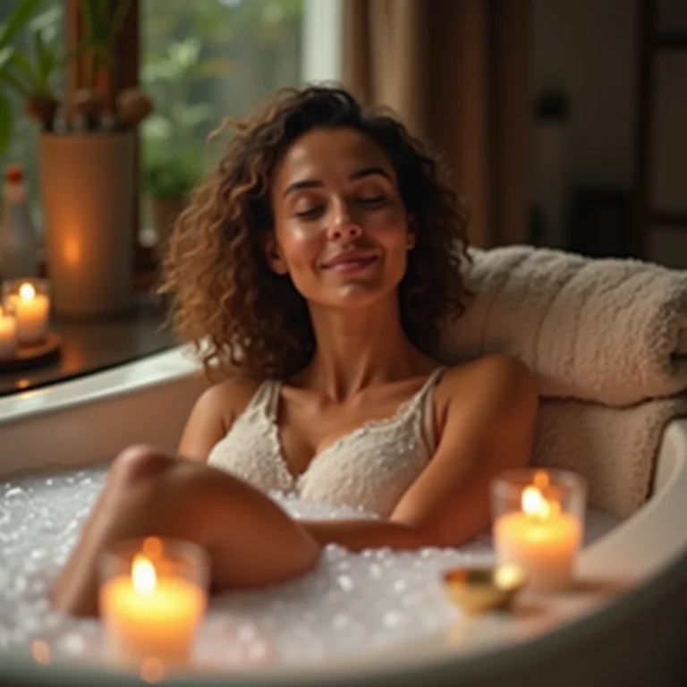 Mulher relaxando em uma banheira com óleos essenciais e velas