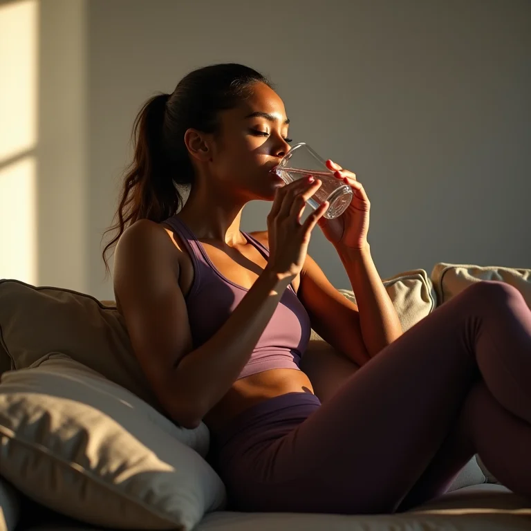 Mulher relaxando no sofá após o treino em casa.