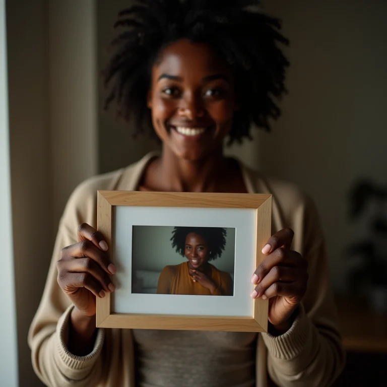 Mulher relembrando momentos especiais através de fotografias emolduradas.