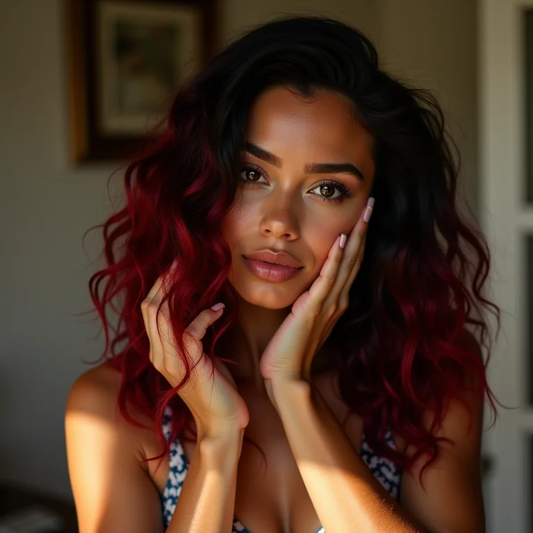 Mulher retocando a cor do cabelo cherry cola em casa