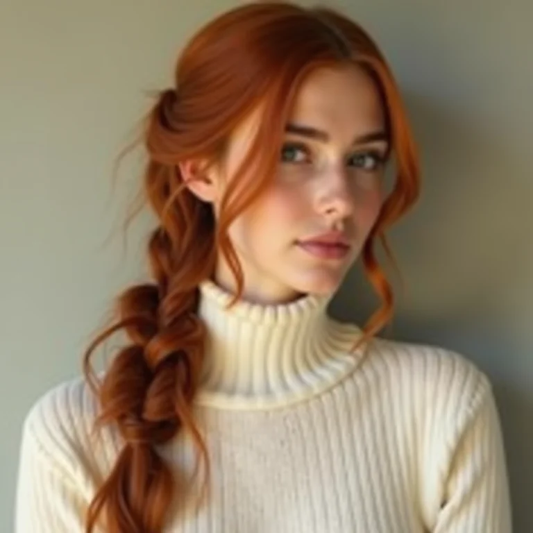 Mulher ruiva com trança lateral e gola alta creme