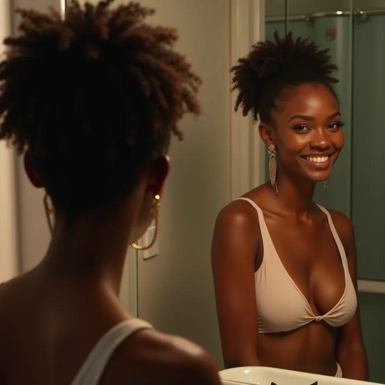 Mulher se admirando em espelho estrategicamente posicionado em banheiro pequeno