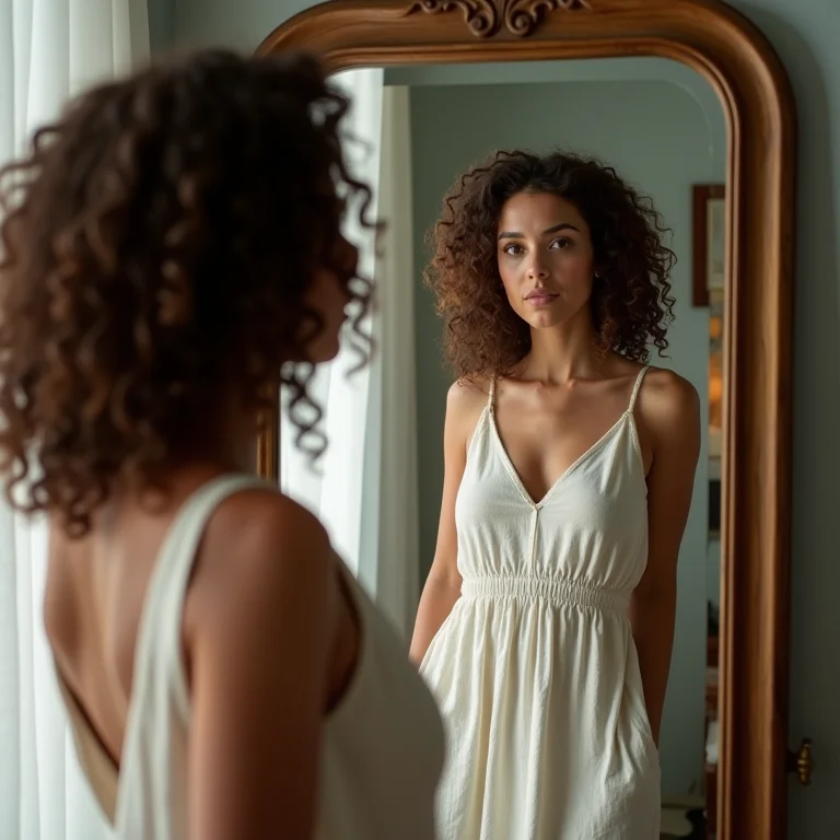 Mulher se admirando no espelho, representando o autoconhecimento de Touro