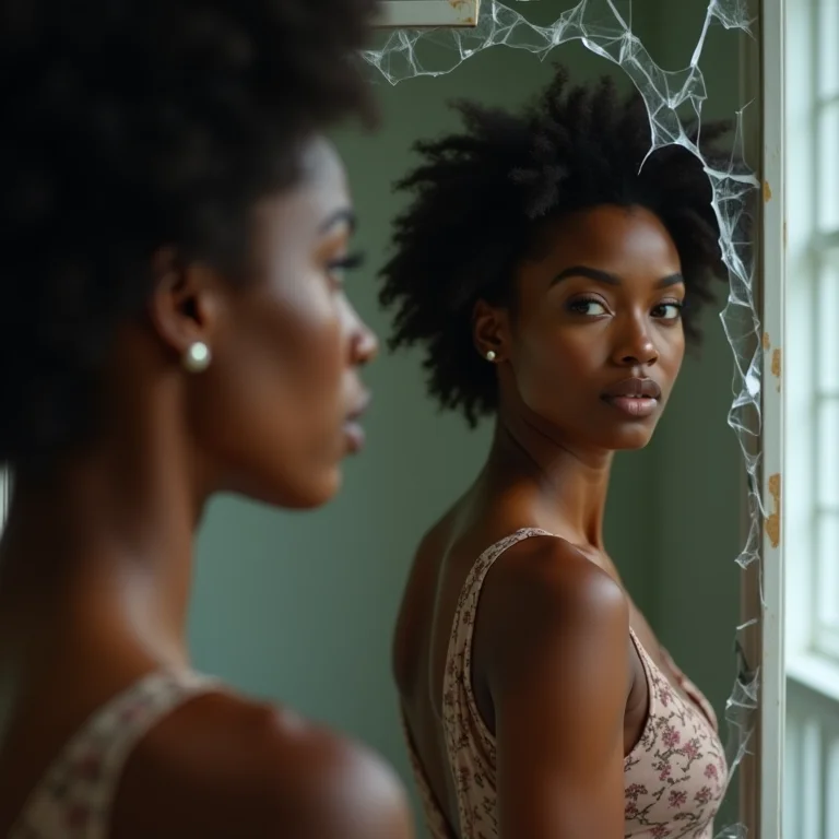 Mulher se olhando em um espelho quebrado, representando críticas constantes em amizades tóxicas