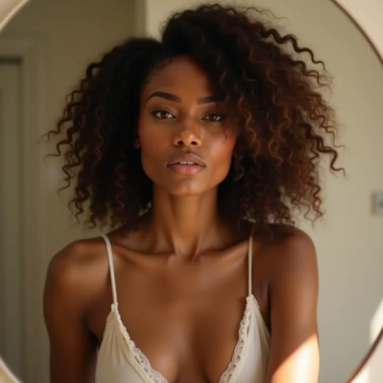 Mulher se preparando no banheiro com cabelo saudável