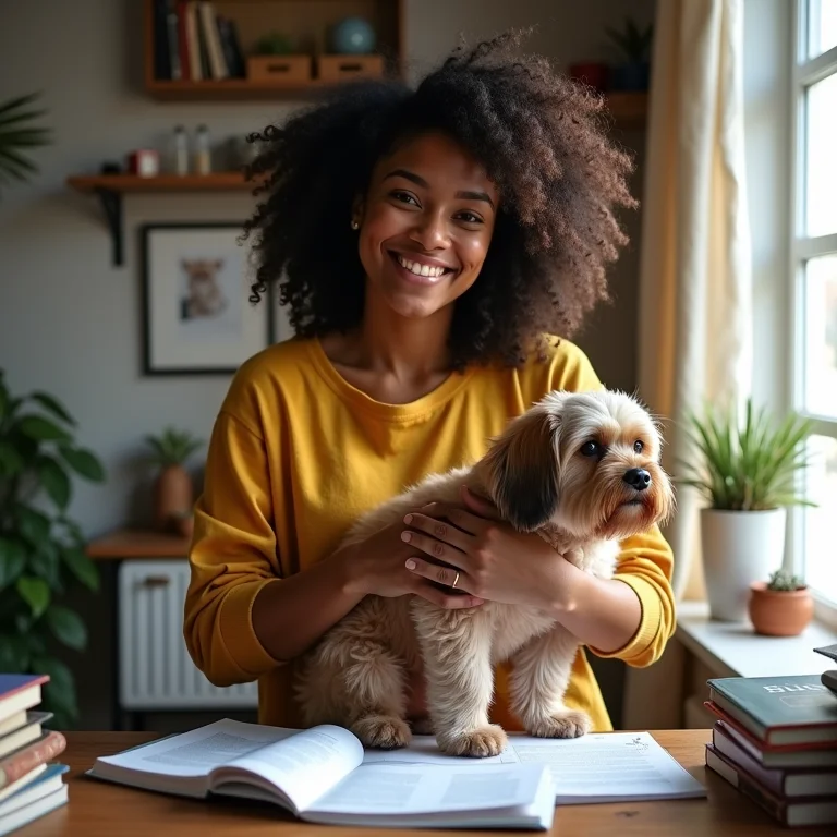 Mulher segurando animal resgatado cercada de materiais educativos sobre bem-estar animal
