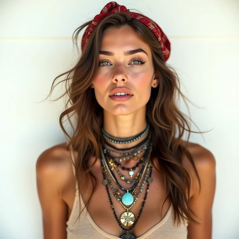 Mulher sobrecarregada com acessórios hippies, incluindo muitos colares, pulseiras e tiaras