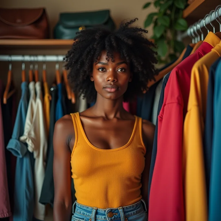 Mulher sobrecarregada com excesso de tendências no guarda-roupa