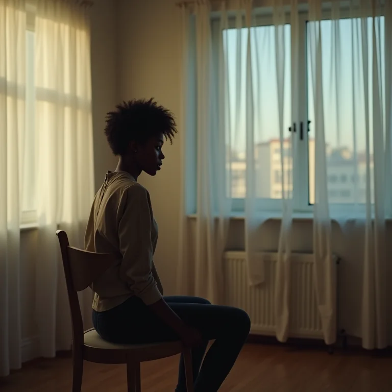 Mulher solitária em um ambiente, representando a falta de apoio emocional em um relacionamento fraterno.