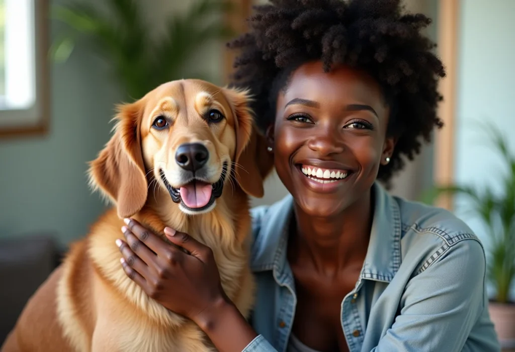 Mulher sorrindo acariciando um cachorro resgatado em santuário animal