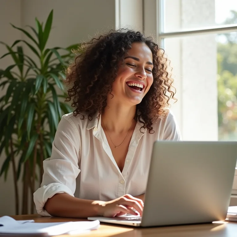 Mulher sorrindo autenticamente trabalhando em casa