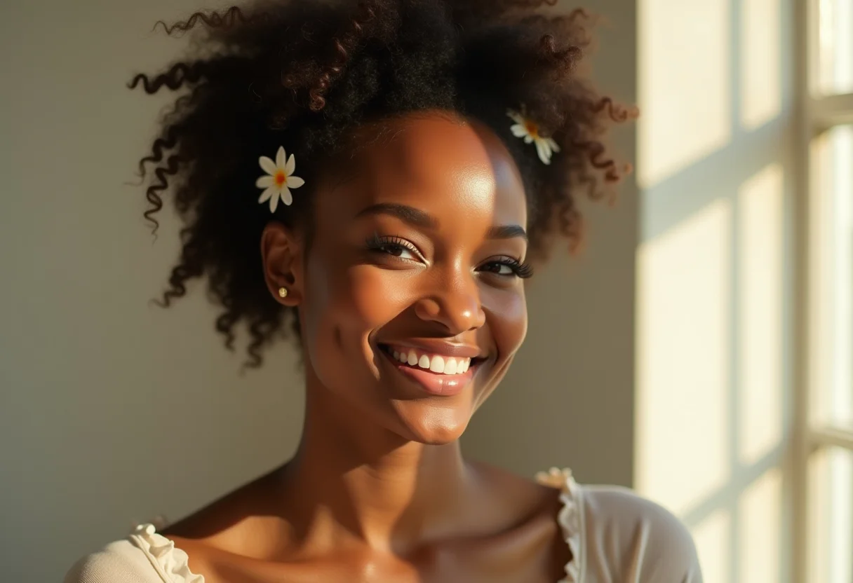 Mulher sorrindo com acessório de cabelo elegante